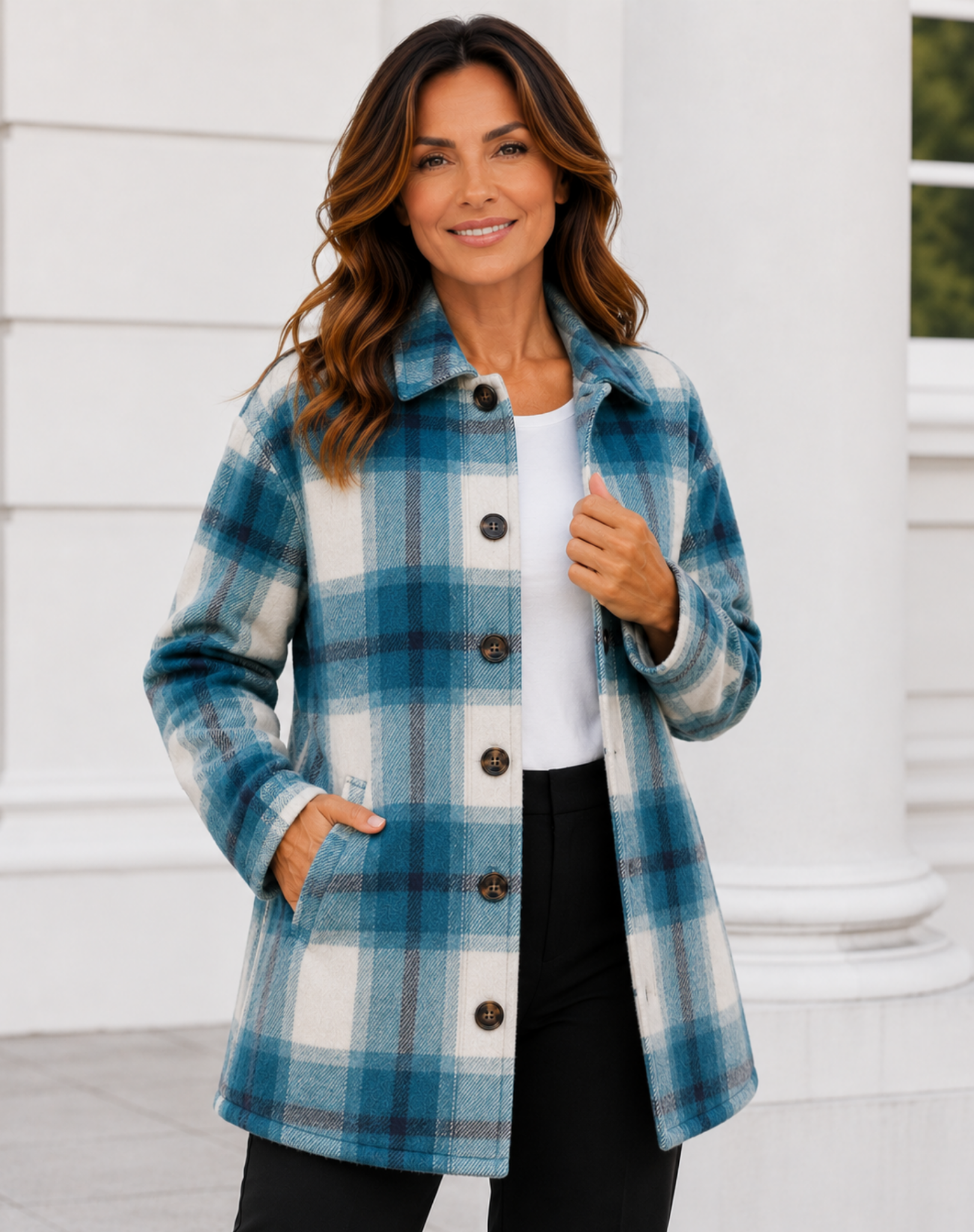 Teal Cream Long Length Check Shirt Jacket Corfu Jeans