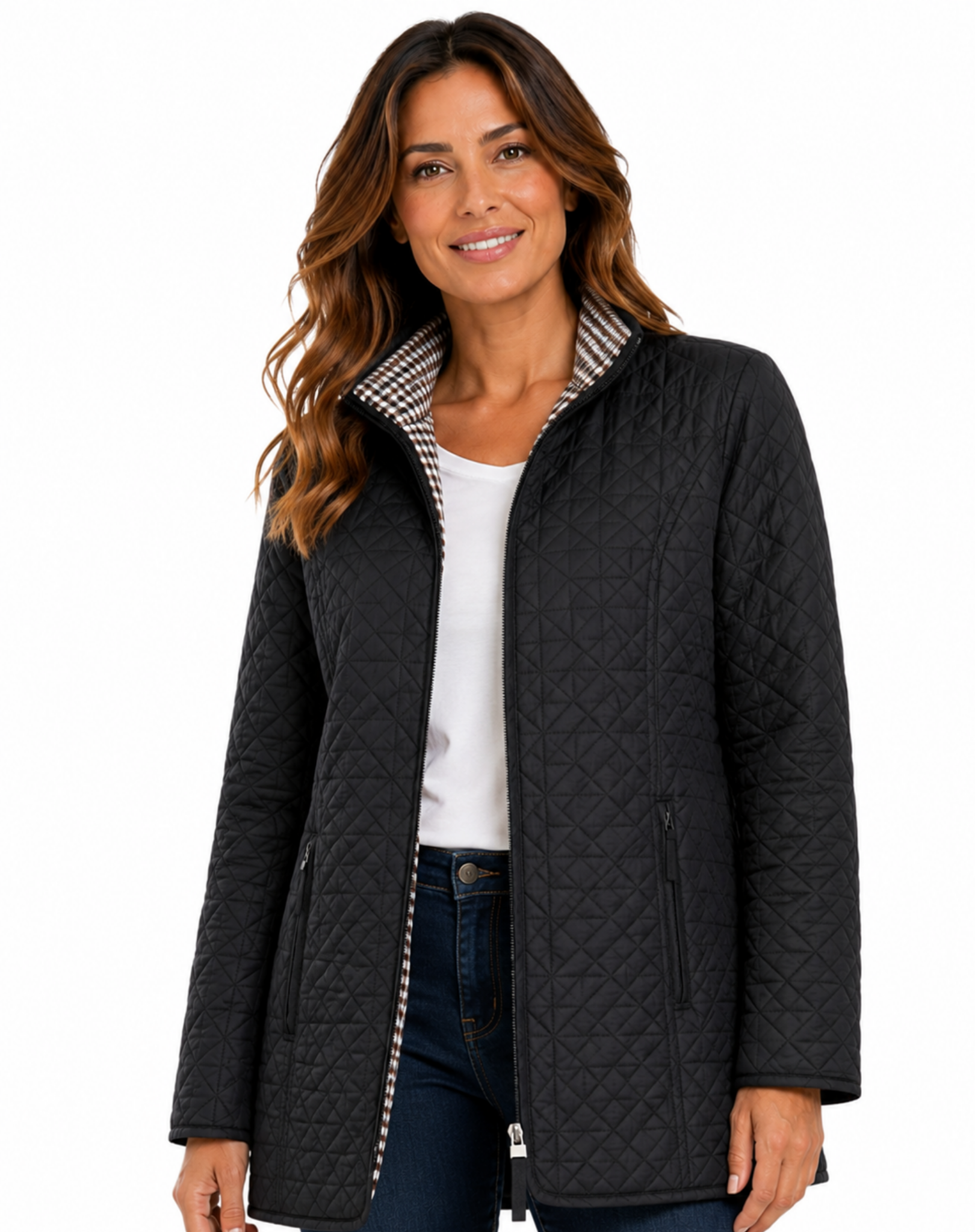 Black Brown Long Length Quilted Jacket Corfu Jeans
