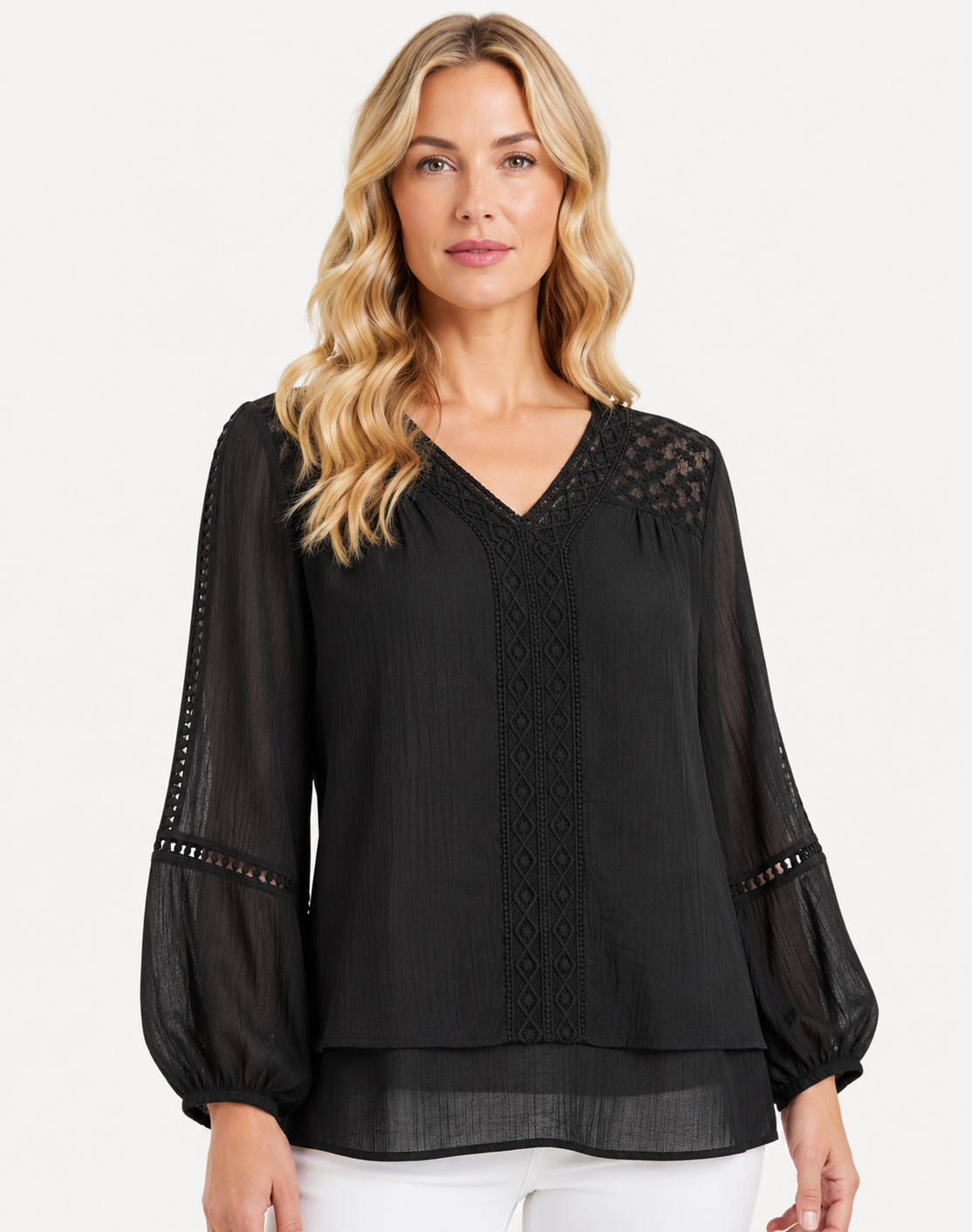 Black Crepe Georgette Lace Trim Long Sleeve Blouse Corfu Jeans