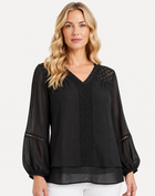 Black Crepe Georgette Lace Trim Long Sleeve Blouse