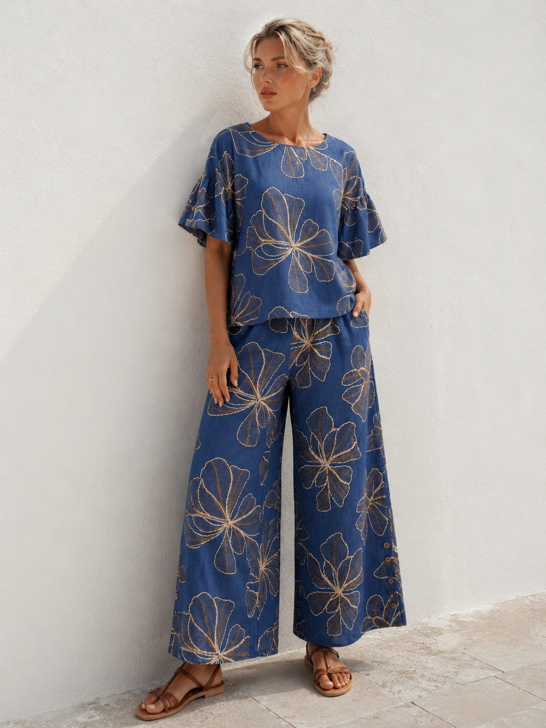 Linen Bloom Wide Leg Pants Corfu Jeans