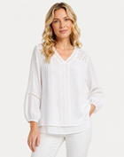 White Crepe Georgette Lace Trim Long Sleeve Blouse