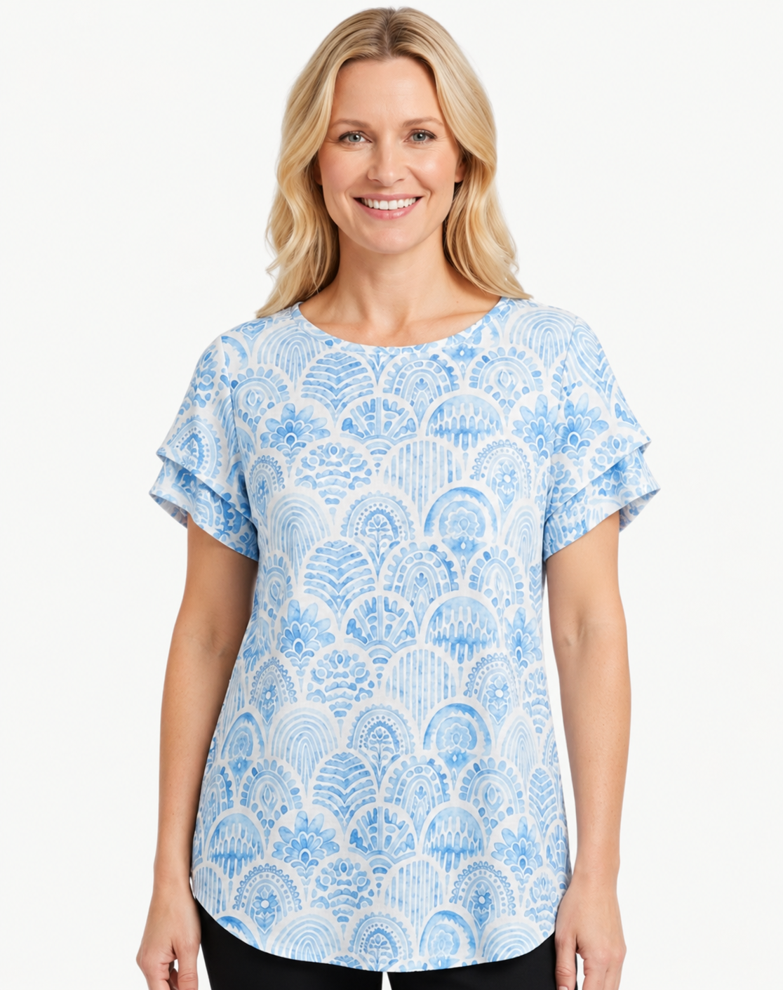 Blue Medina Burnout Jersey Print Top Corfu Jeans