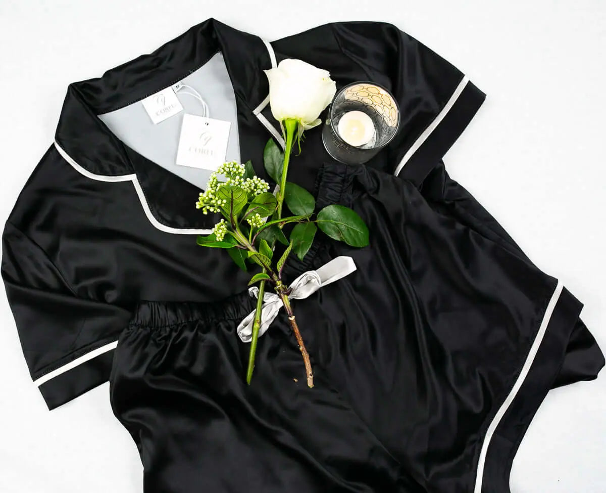 Anastasia - Black Satin Pyjama Set Short Sleeve Corfu Jeans