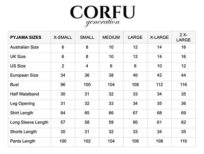 Corfu Jeans | Pyjama sizing chart