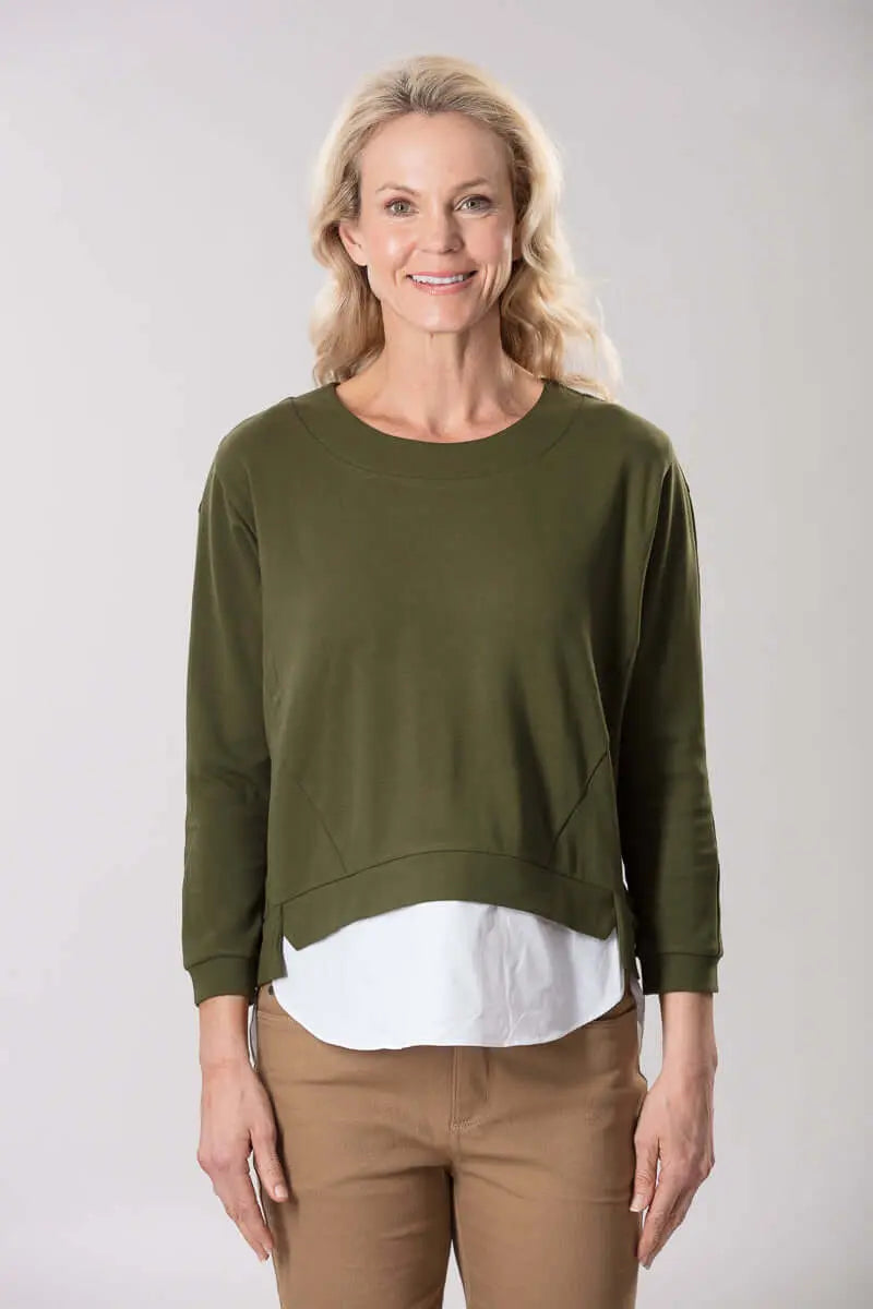 Olive/White Athleisure Knit Long Sleeve Top Corfu Jeans